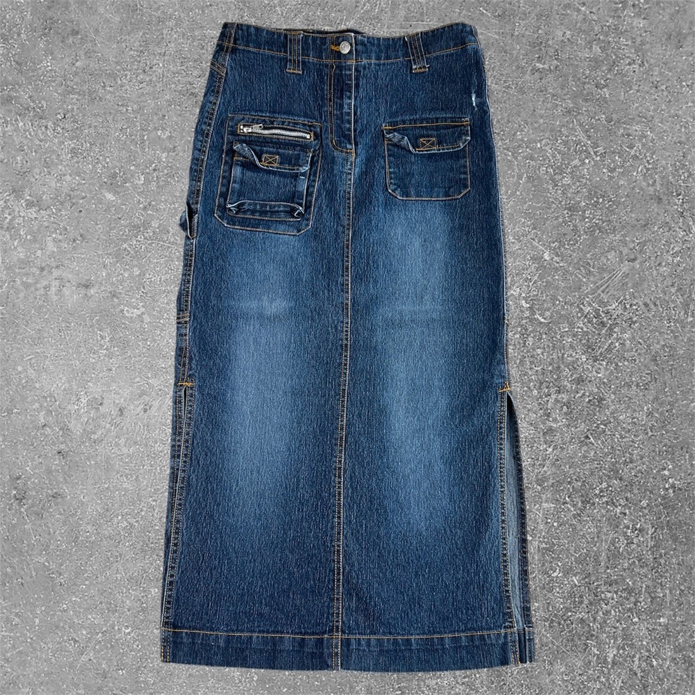 Zoey Beth Vintage‎ Y2K Denim Cargo Maxi Skirt Dark Wash Utility Womens Medium